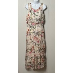 Lara G. Italy Silk Blend Floral Maxi Dress Sleeveless Tiered Cream Size Small